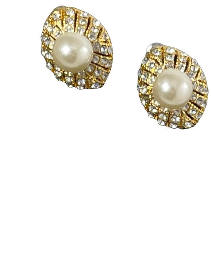 Gold pearl crystal fancy tear drop pierced earrings
