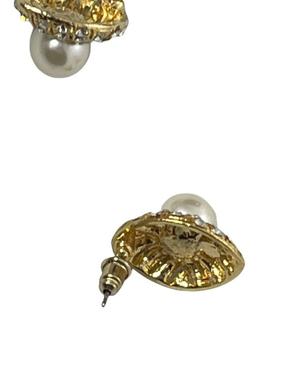 Gold pearl crystal fancy tear drop pierced earrings