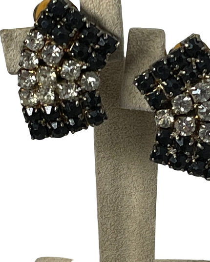 Vintage clear & black fancy crystal clip on earrings 1950s