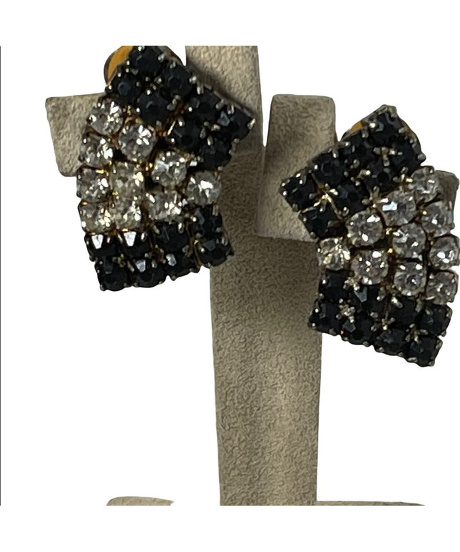 Vintage clear & black fancy crystal clip on earrings 1950s