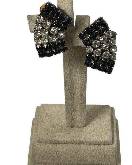 Vintage clear & black fancy crystal clip on earrings 1950s