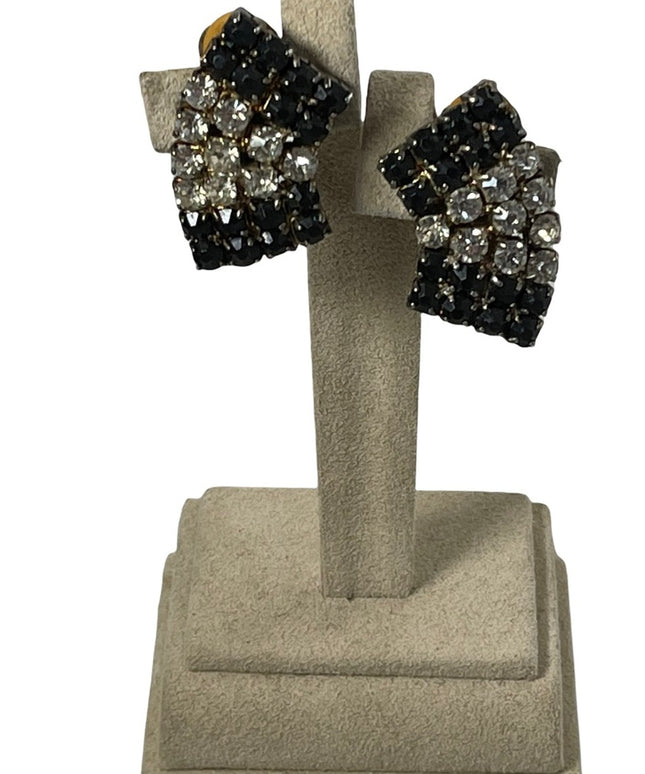 Vintage clear & black fancy crystal clip on earrings 1950s