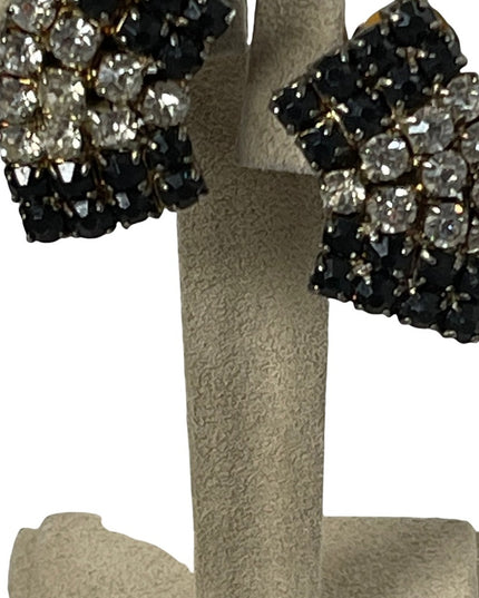Vintage clear & black fancy crystal clip on earrings 1950s