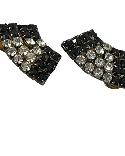 Vintage clear & black fancy crystal clip on earrings 1950s