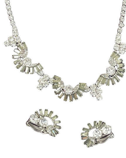 Vintage 1950s Sherman necklace & earrings set crystal silver clear