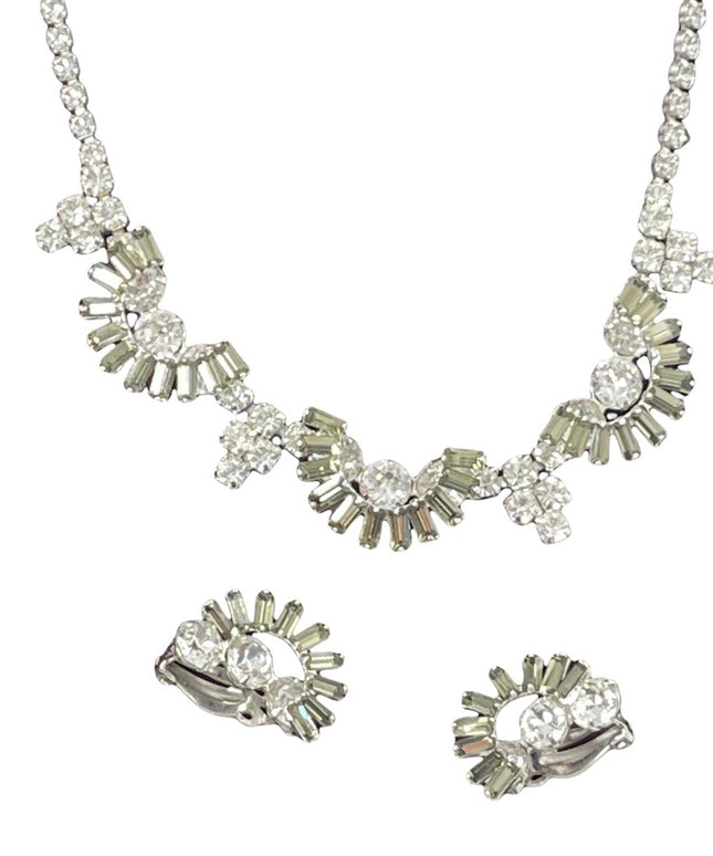 Vintage 1950s Sherman necklace & earrings set crystal silver clear