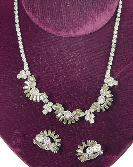 Vintage 1950s Sherman necklace & earrings set crystal silver clear