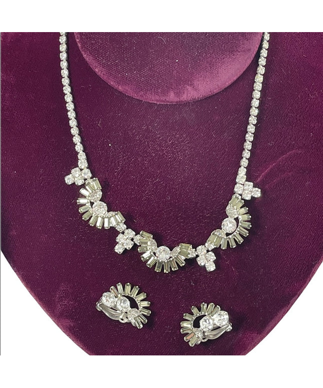 Vintage 1950s Sherman necklace & earrings set crystal silver clear