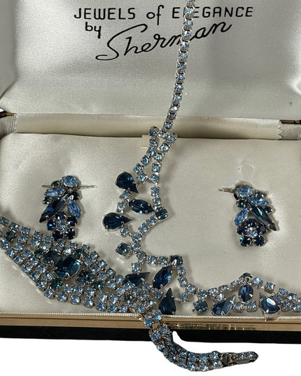 Vintage Stunning blue 4 pcs SHERMAN 1950s SET bracelet necklace clip one