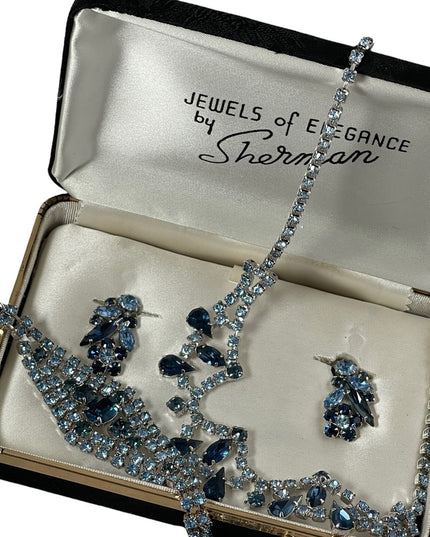 Vintage Stunning blue 4 pcs SHERMAN 1950s SET bracelet necklace clip one