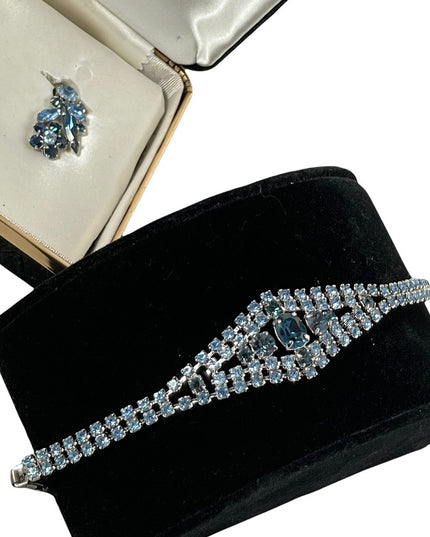 Vintage Stunning blue 4 pcs SHERMAN 1950s SET bracelet necklace clip one