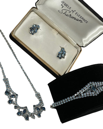 Vintage Stunning blue 4 pcs SHERMAN 1950s SET bracelet necklace clip one