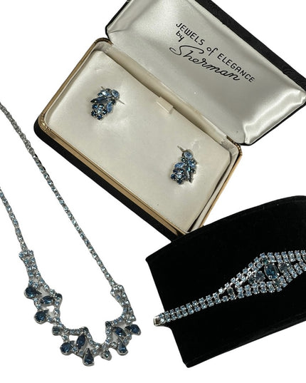 Vintage Stunning blue 4 pcs SHERMAN 1950s SET bracelet necklace clip one