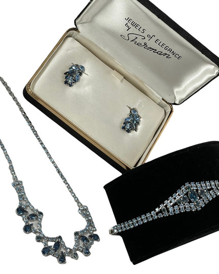 Vintage Stunning blue 4 pcs SHERMAN 1950s SET bracelet necklace clip one