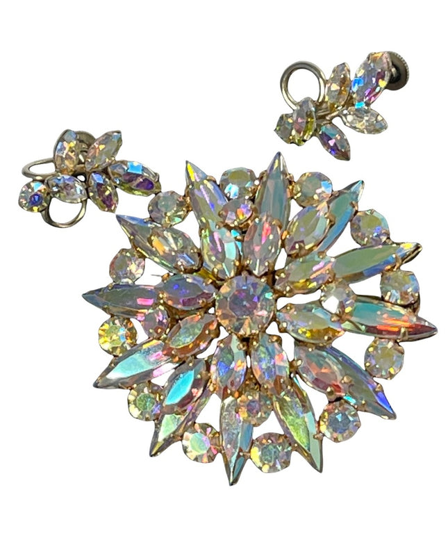 Vintage 1950s AB Crystal Sherman screw back earrings & starburst brooch