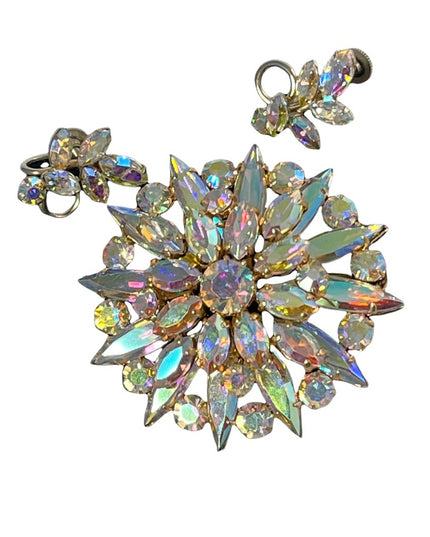 Vintage 1950s AB Crystal Sherman screw back earrings & starburst brooch