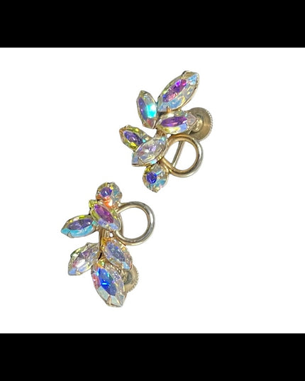 Vintage 1950s AB Crystal Sherman screw back earrings & starburst brooch