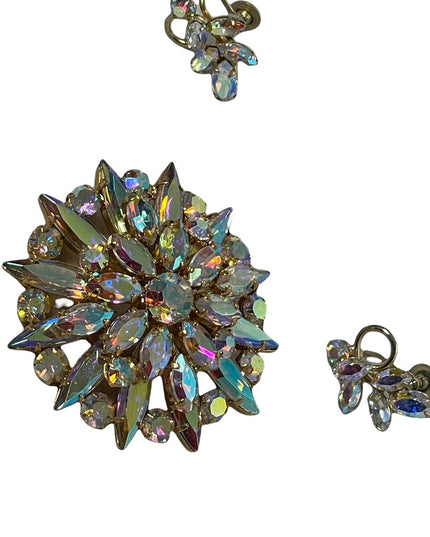 Vintage 1950s AB Crystal Sherman screw back earrings & starburst brooch