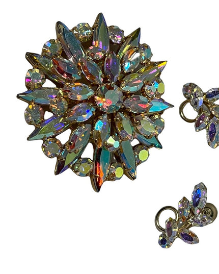 Vintage 1950s AB Crystal Sherman screw back earrings & starburst brooch