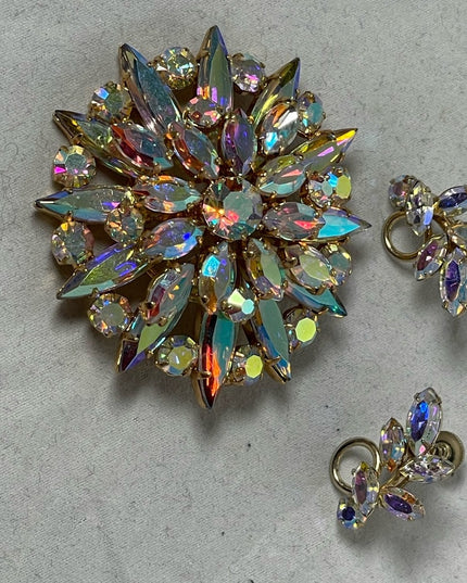 Vintage 1950s AB Crystal Sherman screw back earrings & starburst brooch
