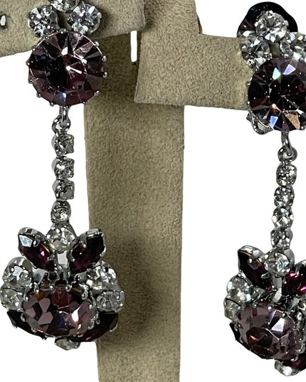Vintage stunning purple & clear crystal dangle earrings clip ons