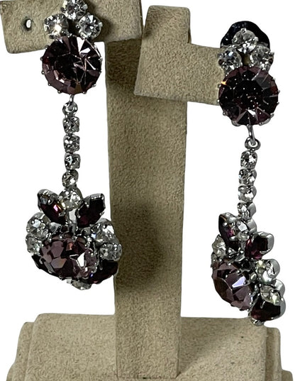 Vintage stunning purple & clear crystal dangle earrings clip ons