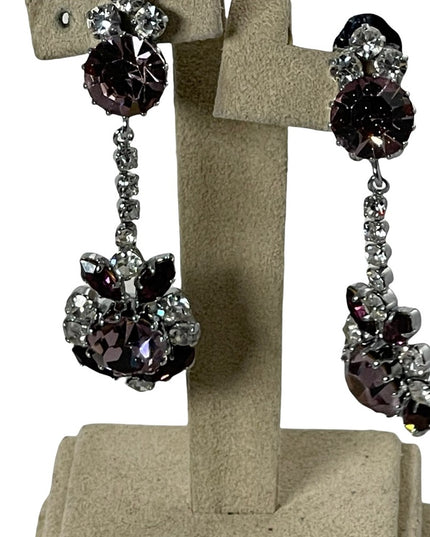 Vintage stunning purple & clear crystal dangle earrings clip ons