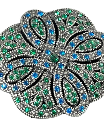 Fancy swirl blue green crystal brooch