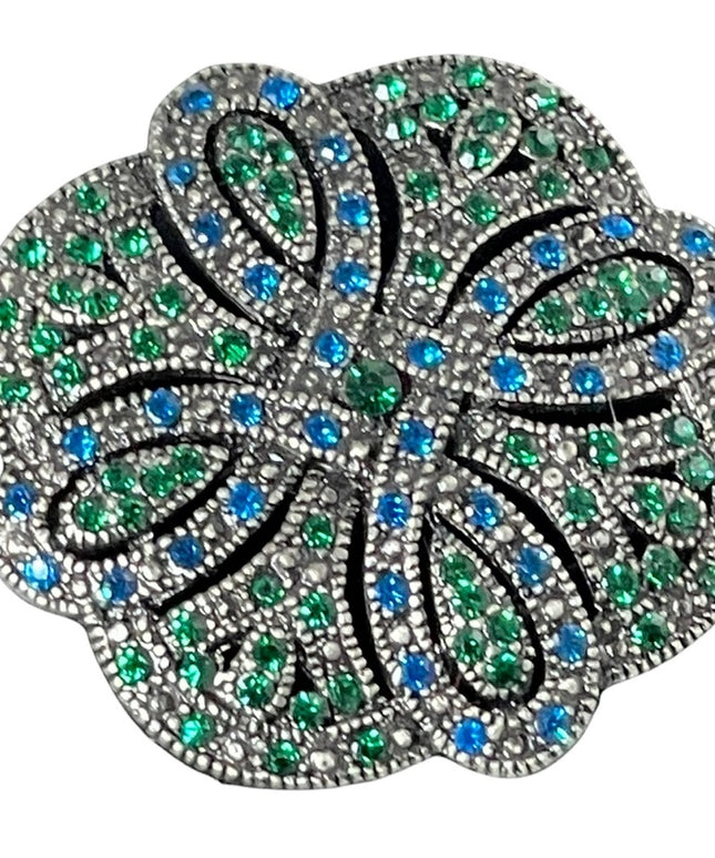 Fancy swirl blue green crystal brooch