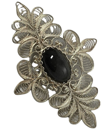 Vintage Large silver filagree black stone fancy bar brooch