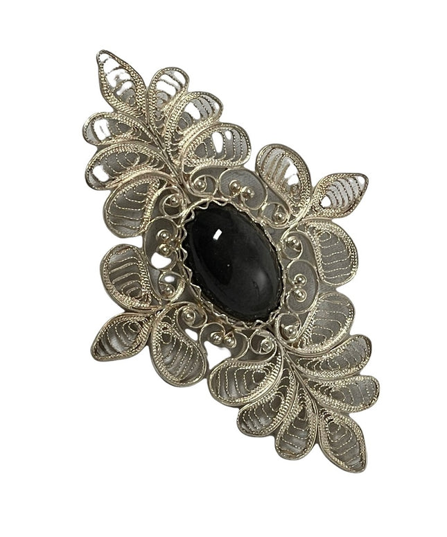 Vintage Large silver filagree black stone fancy bar brooch