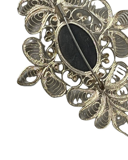 Vintage Large silver filagree black stone fancy bar brooch