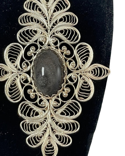 Vintage Large silver filagree black stone fancy bar brooch