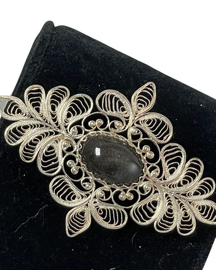 Vintage Large silver filagree black stone fancy bar brooch