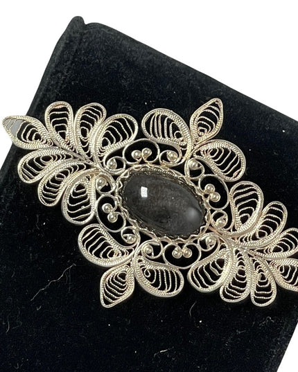 Vintage Large silver filagree black stone fancy bar brooch