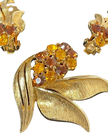 Vintage 1970s antiqued gold amber crystals fancy brooch & clip on earrings SET