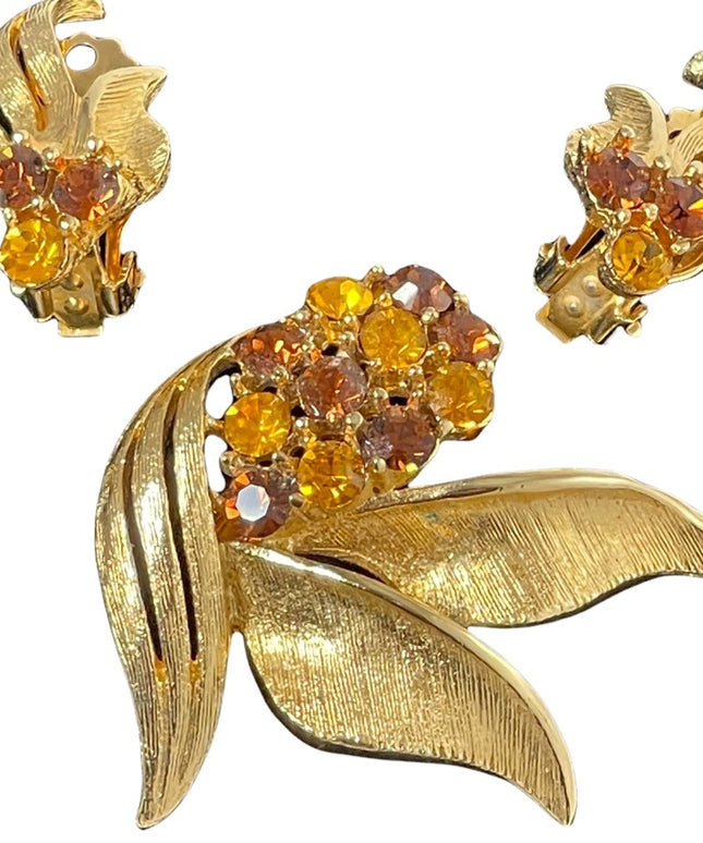 Vintage 1970s antiqued gold amber crystals fancy brooch & clip on earrings SET