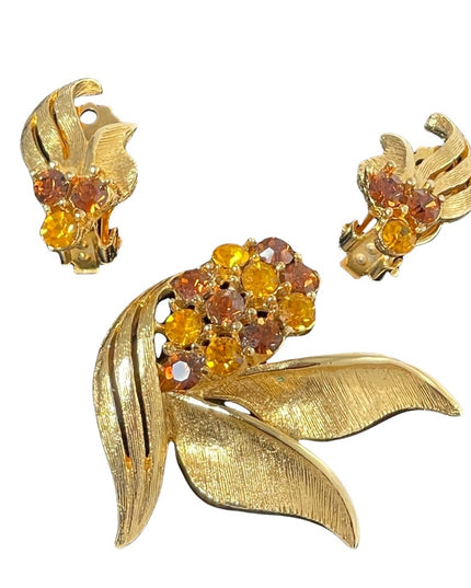 Vintage 1970s antiqued gold amber crystals fancy brooch & clip on earrings SET
