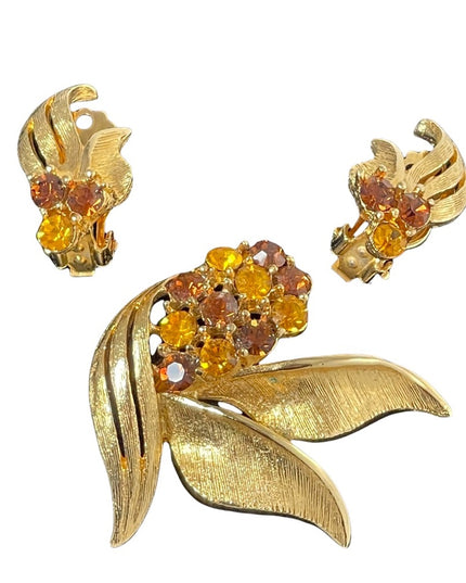 Vintage 1970s antiqued gold amber crystals fancy brooch & clip on earrings SET