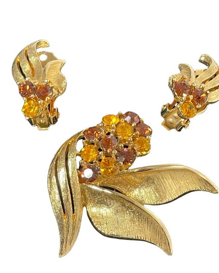 Vintage 1970s antiqued gold amber crystals fancy brooch & clip on earrings SET