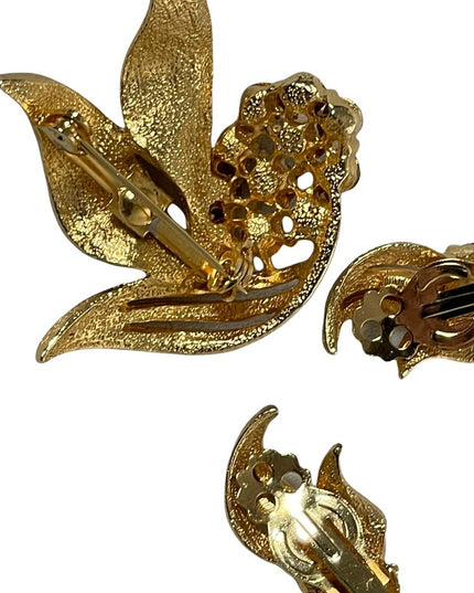 Vintage 1970s antiqued gold amber crystals fancy brooch & clip on earrings SET