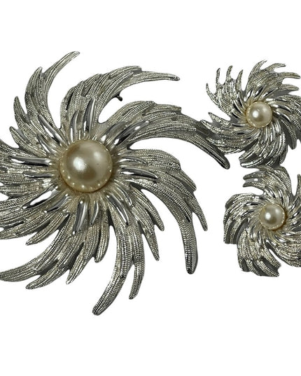 Stunning Vintage Sarah Coventry Starburst LG brooch & earrings SET silver pearl