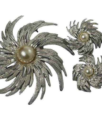Stunning Vintage Sarah Coventry Starburst LG brooch & earrings SET silver pearl