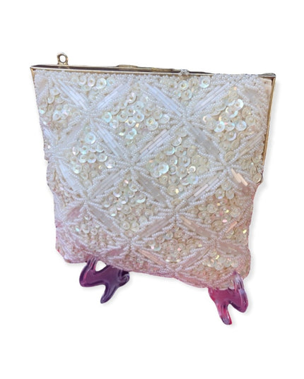 Vintage white bead square bag 6x6” wedding