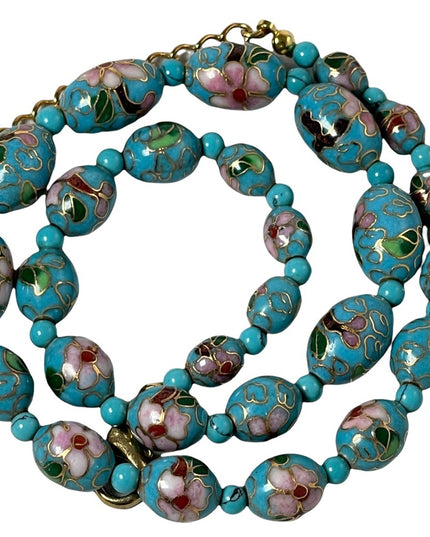 Beautiful blue metal cloissone flower bead necklace