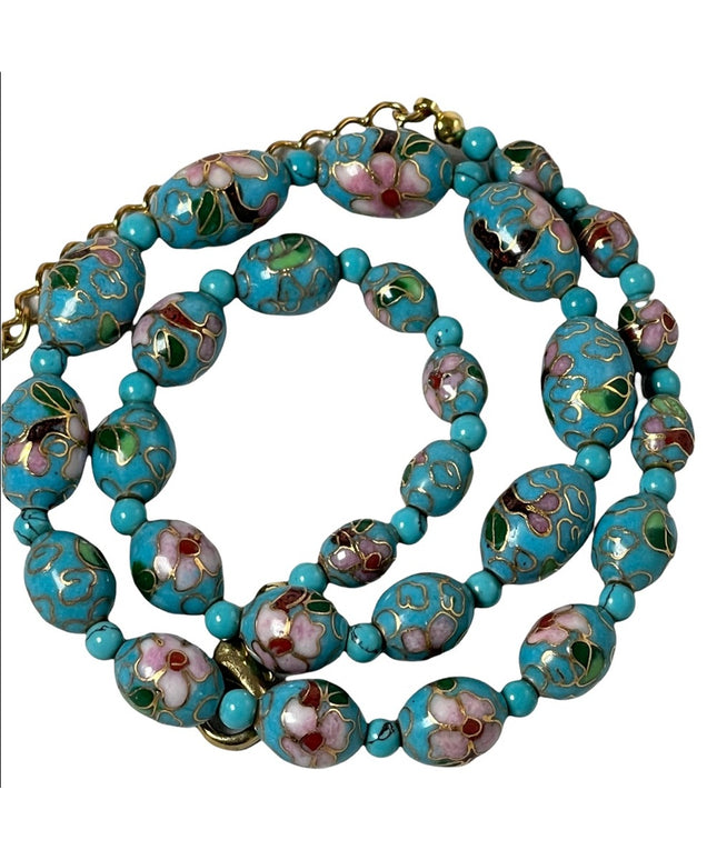 Beautiful blue metal cloissone flower bead necklace