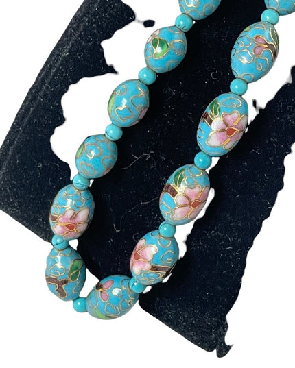 Beautiful blue metal cloissone flower bead necklace
