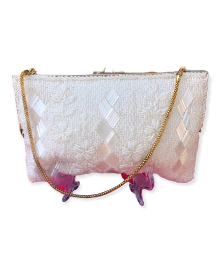 Vintage white heavy bead bag wristlet 1950s