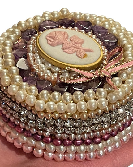 Vintage Heavy Bejeweled trinket box Artisan Pearls crystals vanity  amethyst