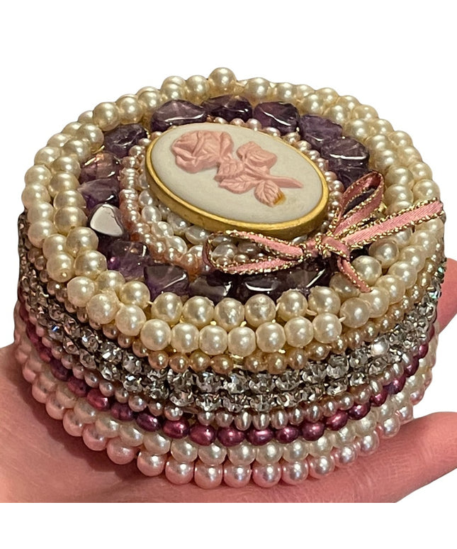 Vintage Heavy Bejeweled trinket box Artisan Pearls crystals vanity  amethyst
